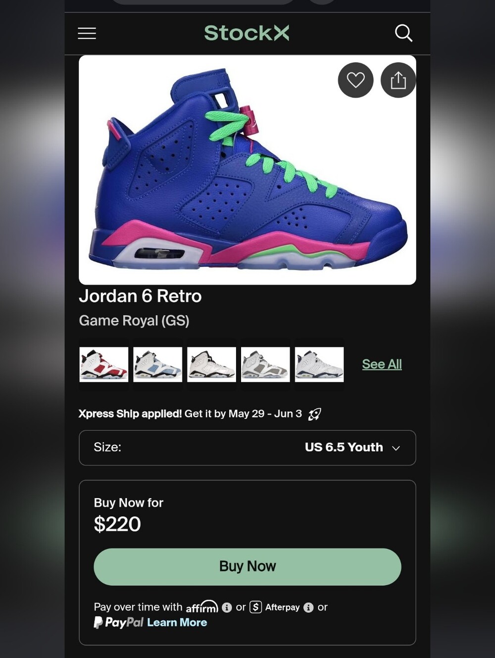 Air Jordan 6 Retro GG High-Top Game Royal with Pink and Neon Green Accents